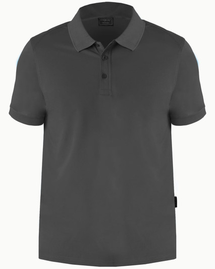 A grey men's polo shirt featuring a classic collar and three buttons, with a logo on the side.