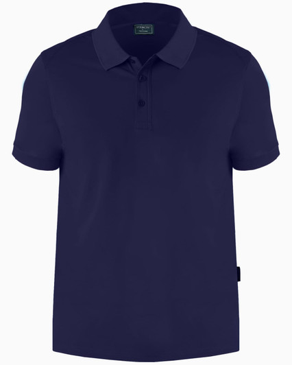 A navy blue polo shirt with a collar, short sleeves, and a logo on the chest.