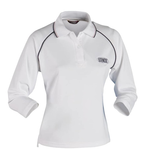 A white long-sleeve polo shirt for ladies with contrasting trim and a logo on the chest.