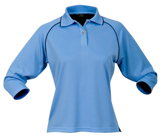 A light blue long-sleeve polo shirt for ladies featuring contrasting detailing and a logo.