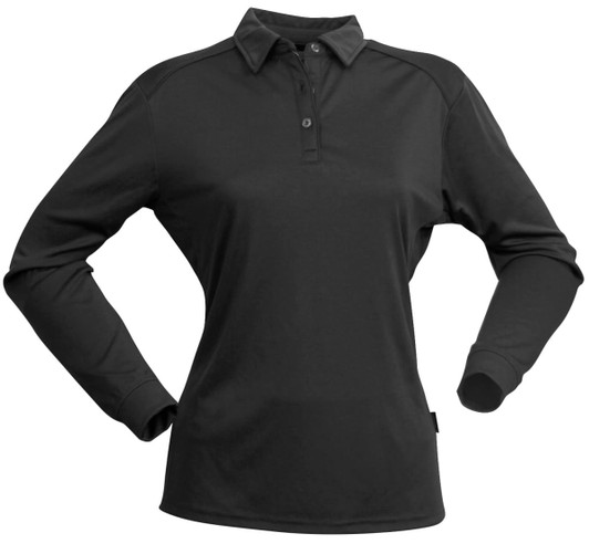 A long-sleeve black polo shirt for ladies, featuring a classic collar and a buttoned placket. It has a logo on the side.