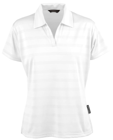 A white polo shirt with a subtle striped pattern and a collar, featuring a logo on the side.