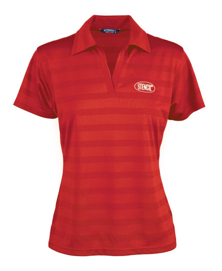 A red striped polo shirt for ladies, featuring a logo on the chest and a classic collar design.