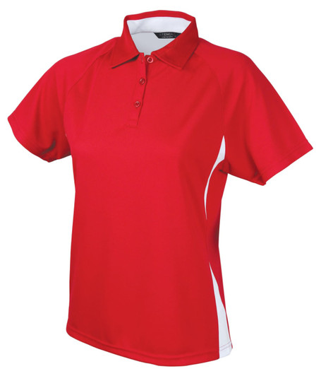 A red polo shirt for ladies with white side panels and a collar, featuring a logo on the chest.