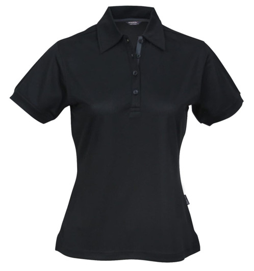 A black ladies' polo shirt with short sleeves and a collar, featuring a button-up front and a logo.