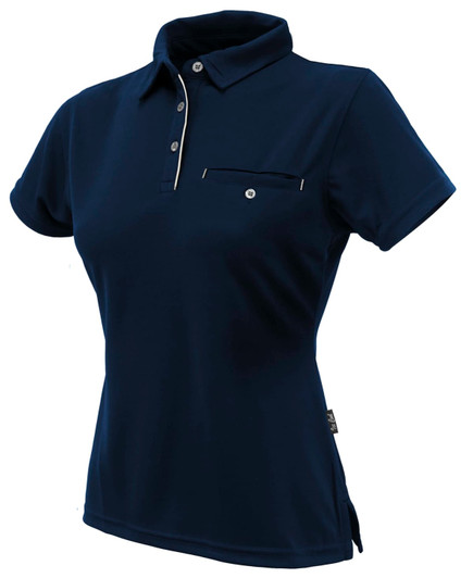 A navy blue polo shirt for ladies featuring a collar and a small chest pocket, with a logo on the side.