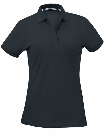 A dark navy polo shirt for ladies, featuring a collar and button placket, with a logo on the chest.
