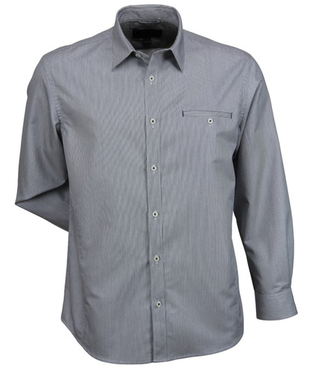 A long-sleeve men's button-up shirt in a grey hue, featuring a single chest pocket and a logo.