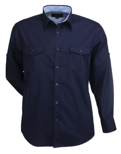 A navy long-sleeve button-up shirt featuring two chest pockets and a contrasting collar, with a logo.