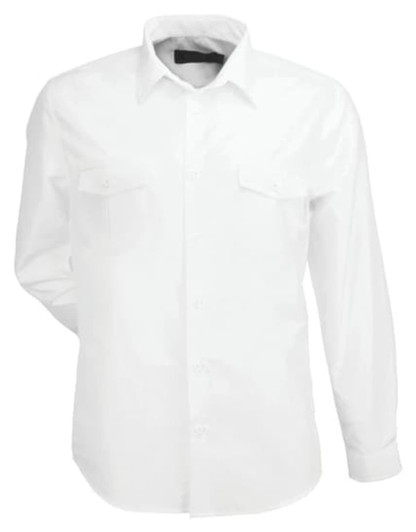 A long-sleeve white button-up shirt with two breast pockets and a collar. The shirt features a logo.