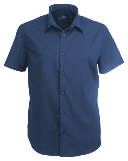 A navy blue short-sleeved button-up shirt with a pointed collar and logo.