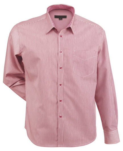 A long-sleeve, button-up shirt featuring a striped pattern in shades of pink, with a single chest pocket and a logo.