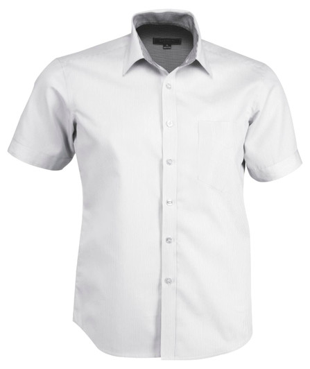 A short-sleeve button-up shirt in light grey with a patterned collar and a single chest pocket. It features a logo.