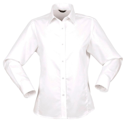 A white long-sleeve button-up shirt for ladies featuring a collar and a fitted design. It has a logo on the fabric.