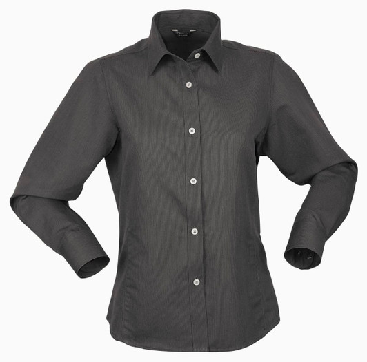 A ladies' long-sleeve button-up shirt in dark grey, featuring a collar and a branded logo.