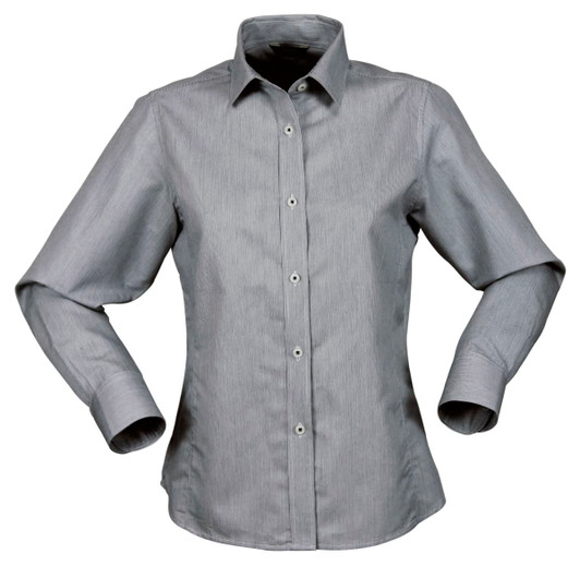 A grey button-up shirt with long sleeves and a classic collar, featuring a logo on the fabric.