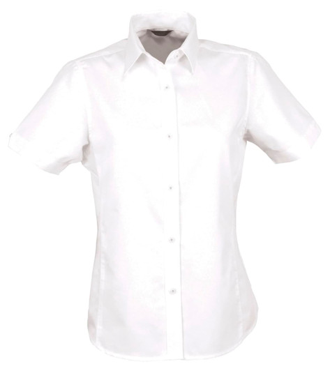 A white short-sleeved button-up shirt for ladies, featuring a collar and a logo.