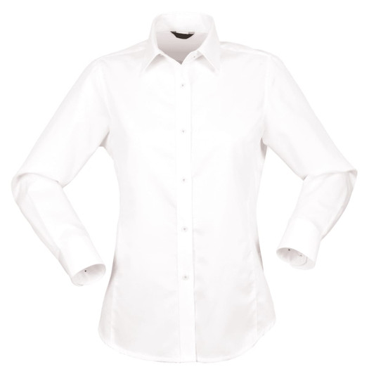 A white long-sleeved button-up ladies' shirt with a branded logo on the collar.