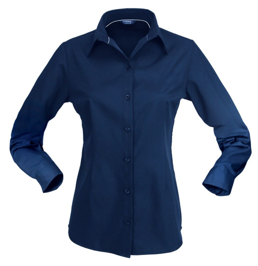 A ladies' long sleeve button-up shirt in dark navy, featuring a classic collar and button front.