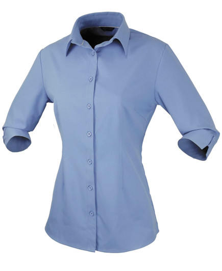 A light blue, button-up shirt with rolled 3/4 sleeves and a collar. The shirt features a logo on it.