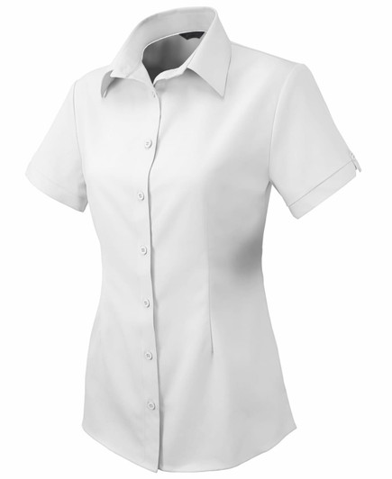 A short-sleeved white button-up shirt for ladies with a collar design and a logo on the sleeve.