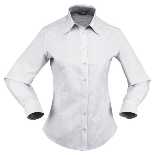A long-sleeved ladies' button-up shirt in light grey with a subtly striped pattern and a collar.