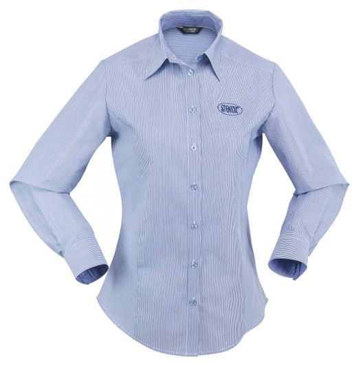 A long-sleeved ladies' button-up shirt in blue and white stripes, featuring a logo on the chest.