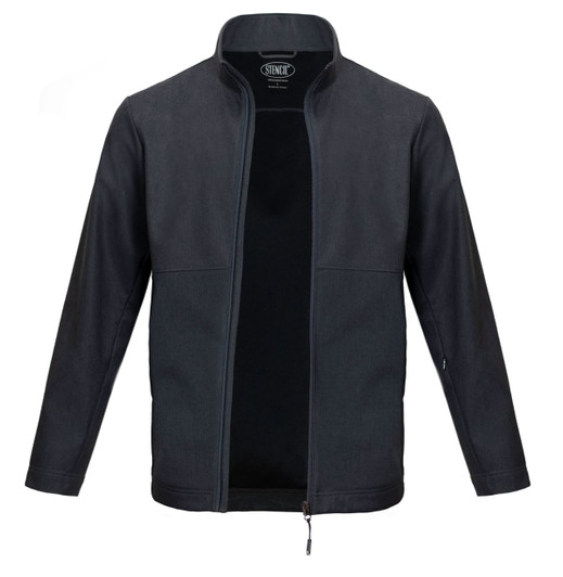 A navy jacket with a stand-up collar and a zip front, featuring long sleeves and a logo inside.