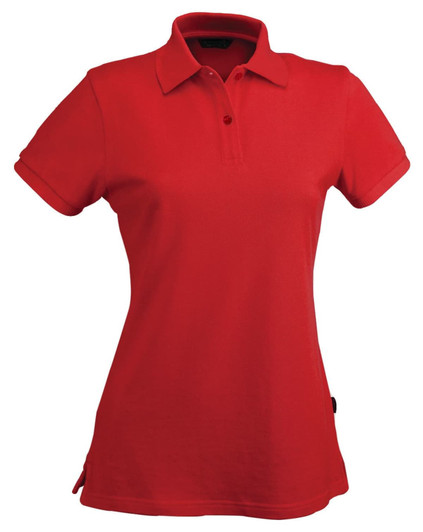 A red ladies' polo shirt featuring a collared neckline and short sleeves, with a branding logo.