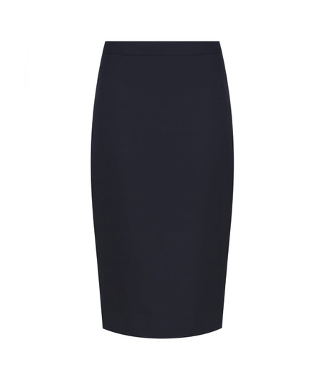 A navy blue longline pencil skirt with a sleek, fitted design and a smooth finish. Features branding on the inside.