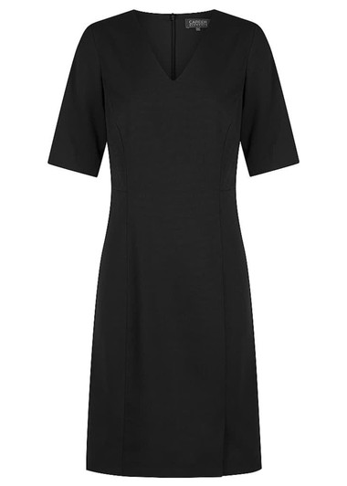 A black dress with a V-neckline and short sleeves, featuring a fitted silhouette and back zipper closure.