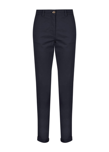 Navy blue chinos with a button closure and rolled cuffs, featuring a small logo.