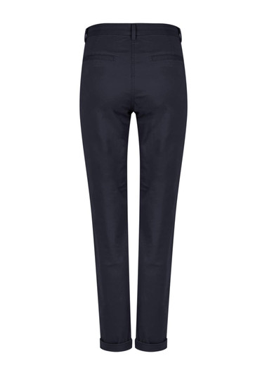A pair of navy blue chinos with a slim fit and rolled cuffs, featuring back pockets and a waistband with belt loops.