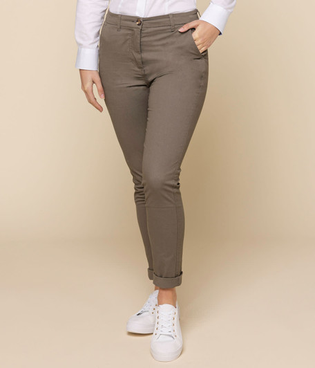 A pair of modern chino trousers in khaki, featuring a slim fit and rolled cuffs, styled with a button front and pockets.