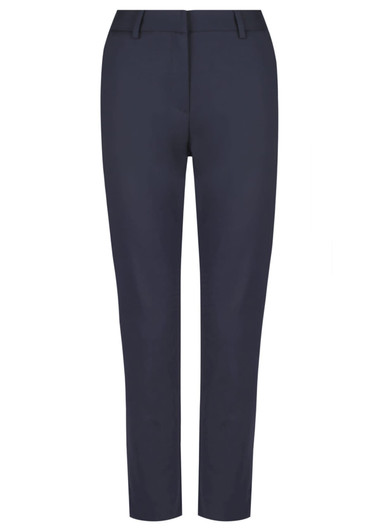 A pair of navy 7/8 length pants featuring a tailored design and a logo on the waistband.