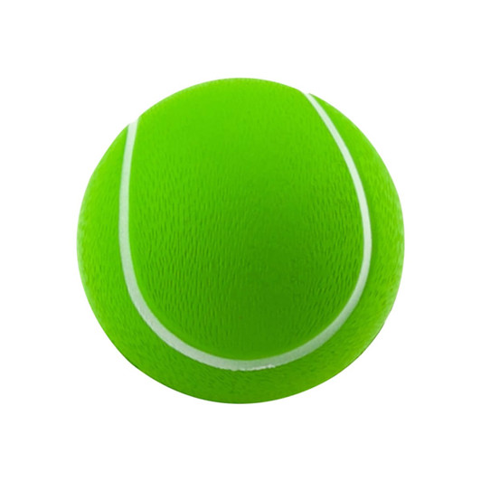 A green stress tennis ball with a textured surface and white lines, featuring a logo on it.