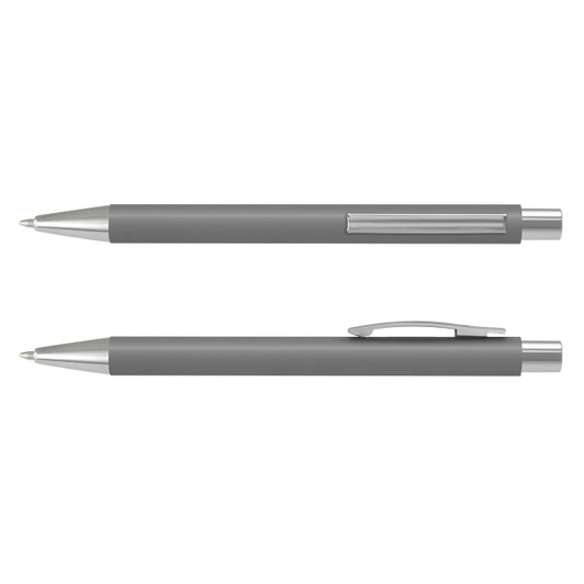 A grey Lancer Soft-Touch Pen features a sleek design with metallic accents and a clip, and has a logo on its body.