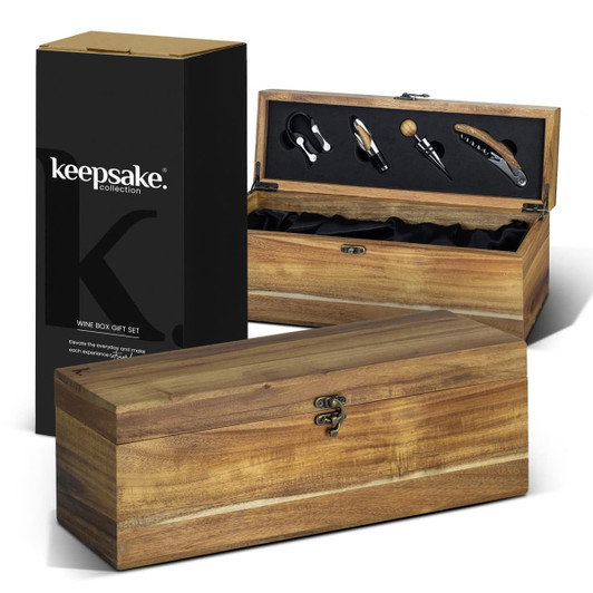 A wooden keepsake wine box gift set with various wine accessories inside and a branded packaging box.