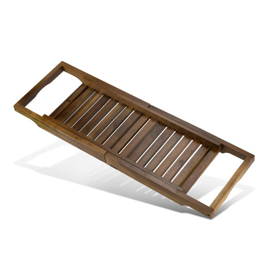 A wooden bath caddy in a dark brown finish with slatted design and handles on each side.