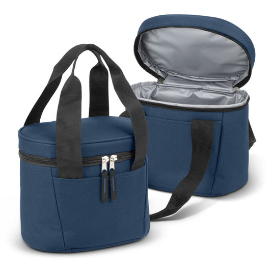 A navy lunch cooler bag with a zippered closure, carrying handles, and an insulated interior. Features a logo.