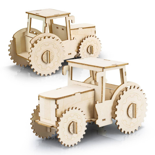 A wooden model of a tractor in natural wood colour, featuring detailed wheels and an open cabin design.