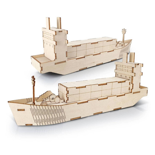 A wooden model of a cargo ship in a light wood colour, featuring detailed structures and a logo on the side.