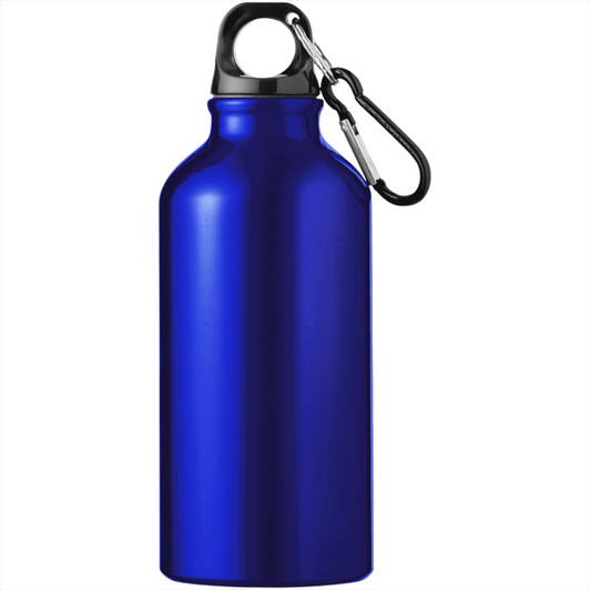 A drink bottle in vibrant blue with a black carabiner and a logo. Features a classic design for easy carrying.