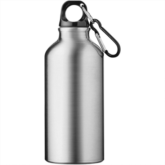 A drink bottle in silver stainless steel with a black carabiner and a logo. 