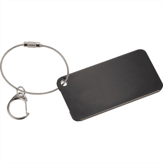 A black aluminium identification tag with a silver metal wire loop and a clip for attachment.