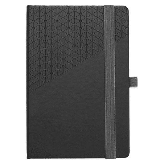 A black notebook featuring a geometric textured cover and a grey elastic band for closure. It has a logo on the cover.