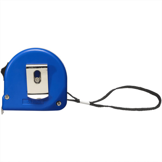 A blue measuring tape with a black strap, featuring a metal clip on one side.