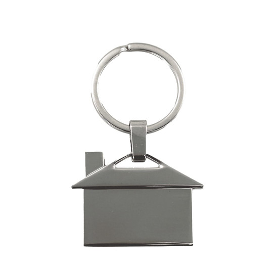 A house-shaped metal keyring in silver, featuring a keyring loop and a simple design.