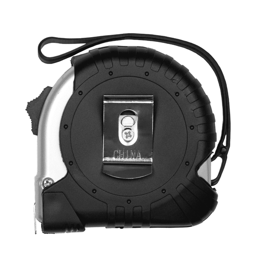 A black and silver Pro Locking Tape Measure with a clip and a retractable tape mechanism. It has a branding logo.