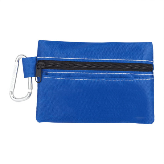 A blue zippered pouch with a black zipper and a carabiner, designed for first aid supplies.